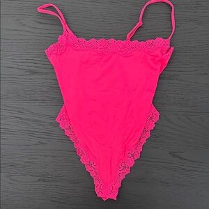 SKIMS Vibrant Pink Lace Trim Bodysuit